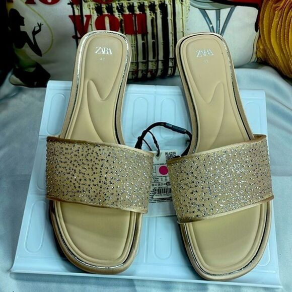 (S1) Zara Rhinestone Flat Sandals Size 10 - Picture 5 of 11